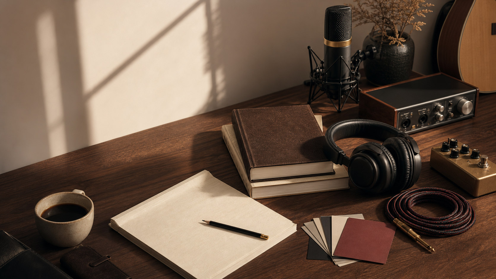 A warm editorial desk with books, headphones, a studio microphone, audio gear, paper, and instrument cable.